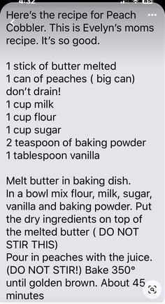 the recipe for peach cobbler is shown in this screenshote screen graber