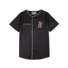 a black baseball jersey with the letter a on it and an embroidered logo in white