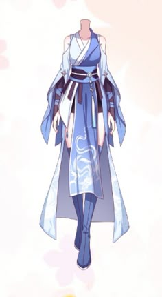 an anime character wearing a blue and white dress with long sleeves, standing in front of a