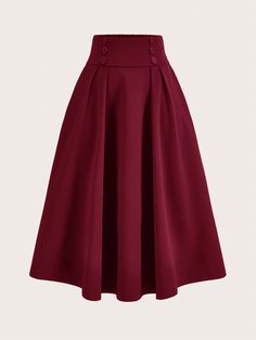 Women's High Waisted Button Decor Flared Skirt Burgundy Casual   Knitted Fabric Plain Flared Slight Stretch  Women Clothing, size features are:Bust: ,Length: ,Sleeve Length: 1940s Skirt Pattern, 1950s Fashion Women, 50s Skirt, Burgundy Skirt, Button Decor, Chique Outfits, Casual Party Dresses, Women Skirts, Long Sleeve Tops Casual