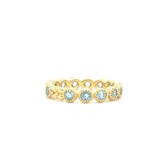 Our beautiful hand-made Jasmine band with Blue Topaz gemstones adorned by a single flower is set in 18k gold! Stack it with our other Jasmine bands or Wildberry bands or by itself. Add some color to your wardrobe with this piece! 18k Yellow Gold Blue Topaz Gemstones Flower in band Can be worn as an Anniversary Band Size 6 1/2 *Please contact us at info@laurensigmancollection.com to inquire about alternative sizes LS Collection Elegant Yellow Gold Eternity Band With Gemstone, Luxury Yellow Gold Birthstone Ring With Round Band, Gold Aquamarine Jewelry With Bezel Setting, Gold Aquamarine Jewelry With Gemstone Accents, Formal Stackable Blue Topaz Jewelry, Yellow Gold Topaz Rings With Birthstone, Luxury Yellow Gold Topaz Ring With Bezel Setting, Round Aquamarine Gold Jewelry, Stackable Blue Topaz Round Jewelry