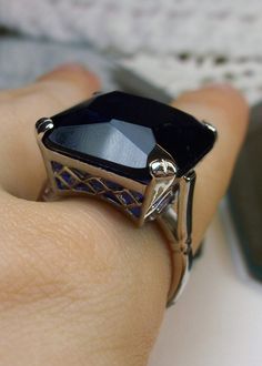 Sapphire Ring, Large square blue sapphire gem in crisscross basket-weave filigree, art deco styled ring, Art Deco Jewelry, Silver Embrace Jewelry Elegant Octagon Sapphire Ring, Formal Sapphire Ring With Octagon Diamond Cut, Formal Octagon Sapphire Ring With Diamond Cut, Formal Sapphire Gemstone Ring, Elegant Octagon Blue Sapphire Ring, Vintage Sapphire Ring For Formal Occasions, Elegant Blue Octagon Sapphire Ring, Elegant Octagon Diamond-cut Sapphire Ring, Elegant Octagon Diamond Cut Sapphire Ring