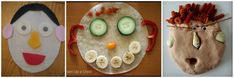 three different masks made to look like people's faces, with fruit and veggies on them