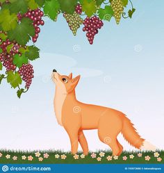 a fox standing under a bunch of grapes