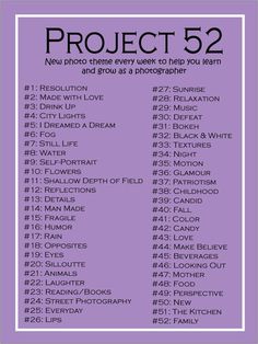 a purple poster with the words project 52 written in black on it and an image of a