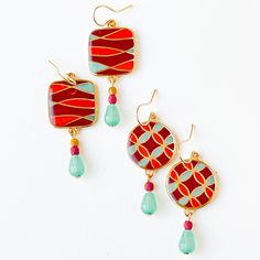 "Beautiful 24K Gold Plated Mid Century retro style earrings with tiny turquoise glass drop beads. Choose one of the two styles. The earrings measure 1.5\" long with 24K gold plated ear wires. Nickel and lead-free. The Details: 1.5\" long 24K gold plated enamel and epoxy shipped in a gift box" Red And Turquoise, Burlington Vt, Dangle Earrings Boho, Boho Style Earrings, Color Earrings, Retro Earring, Earrings Colorful, Red Boho, Turquoise Glass