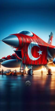 an artistic painting of a fighter jet painted in red and white with the flag of turkey on it