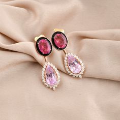 Pink Tourmaline Morganite Gemstone H/SI Diamond Dangle Earrings 18k Rose Gold Luxury Tourmaline Yellow Gold Earrings, Luxury Yellow Gold Tourmaline Earrings, Formal Yellow Gold Tourmaline Earrings, Formal Pink Earrings With Gemstone Accents, Formal Teardrop Tourmaline Jewelry, Elegant Oval Tourmaline Earrings, Elegant Tourmaline Dangle Earrings, Formal Tourmaline Drop Earrings, Elegant Tourmaline Teardrop Earrings