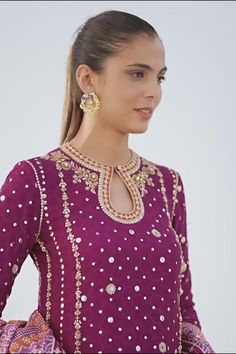 Chinon Cutdana Kurta For Reception, Reception Chinon Kurta With Cutdana, Purple Chanderi Sharara For Reception, Anarkali Kurta With Kundan, Purple Cutdana Salwar Kameez For Reception, Designer Purple Kurta With Cutdana Details, Elegant Purple Salwar Kameez With Gota Work, Designer Purple Kurta With Gota Work, Unstitched Purple Sharara With Gota Work