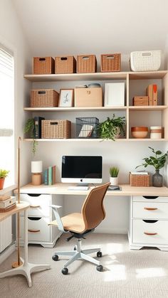 a home office with white shelves and wooden desks, baskets on the top shelf