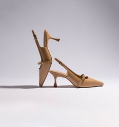 Ines Pump In Tan Leather - Larroude Beige Almond Toe Leather Heels, Chic Leather Heels With Gold-tone Hardware, Gold Heels With Gold-tone Hardware In Leather, Leather Slingback Pumps With Gold-tone Hardware, Gold-tone Hardware Leather Heels, Comfortable Pumps, Mid Heels Pumps, Mid Heel, Shoe Store