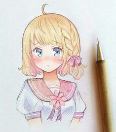 a drawing of a girl with blonde hair and blue eyes wearing a pink bow around her neck