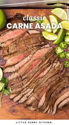 the cover of classic carne asada, featuring sliced steak and limes on a cutting board