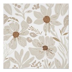 a white and brown flower pattern with leaves on the bottom, in front of an off - white background