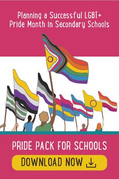 the pride pack for schools is shown in pink, yellow and blue with rainbow flags