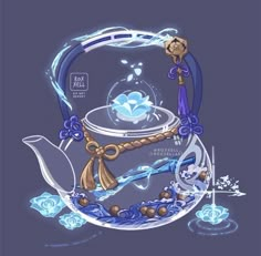 a glass teapot filled with blue liquid and an ornate design on the front cover