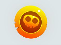 an orange and yellow button with two eyes on the bottom, in front of a gray background