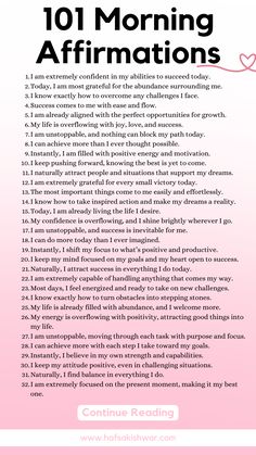 the top ten morning affirmationss for women in pink and white with hearts on it