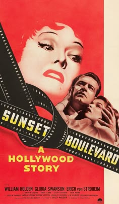 an old movie poster with the words sunset boulevard and hollywood story written on it's side