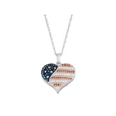 Decorated with round-cut red, white and blue diamonds, this heart necklace beautifully conveys your patriotism. Click on this JEWELRY & WATCHES GUIDE to learn about fit, styles, materials and more!PENDANT DETAILS Pendant length: .65 in. Chain length: 18 in. Clasp: spring-ring Metal: white rhodium-plated sterling silver, pink rhodium-plated sterling silver, blue rhodium-plated sterling silver DIAMOND DETAILS Total weight: 1/4 ct. Shape: round Color: red, white, blue Color grade: I-J Clarity: I2-I Silver Jewelry For 4th Of July Gift, Silver Jewelry Gift For 4th Of July, Red Heart Pendant Necklace With Diamond Accents, Blue Heart Pendant Necklace With Diamond Accents, Patriotic White Jewelry For 4th Of July, Patriotic Blue Necklace For Gift, Blue Patriotic Necklace For Gift, White Diamond-cut Heart Pendant Necklace, White Heart Pendant Necklace With Diamond Accents