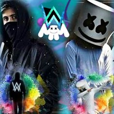 two people wearing black and white outfits with colorful paint splatters on their faces