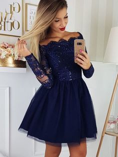 2021 A-Line Off-the-Shoulder Tulle Dark Navy Homecoming Dresses Wedding Dresses Near Me, Homecoming Dress Short, Long Sleeve Homecoming Dresses, School Dance Dresses, Short Homecoming Dresses, Mini Prom Dresses, Mini Homecoming Dresses, Tulle Homecoming Dress, Blue Homecoming Dresses