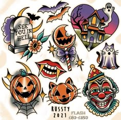 various halloween tattoos on a white background