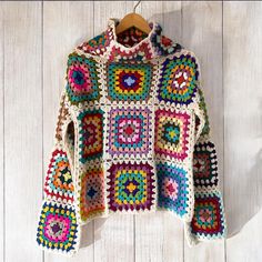 Granny Square Jumper, Crochet Oversized Knit Turtleneck Sweater, Unisex Sweater , Knit Pullover, Crochet Sweater, Boho Chic Colorful Sweater Granny Square Jumper, Classic Granny Square Pattern, Jumper Crochet, Classic Granny Square, Pullover Crochet, Square Sweater, Granny Square Sweater, Oversized Knit Sweater, Granny Square Pattern