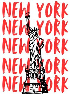 the statue of liberty is painted in red and black on a white background that says new york, new york, new york