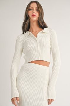 Collard Front Button Ribbed Sweater - Top | Swank Boutique White Ribbed Polo Sweater For Spring, Fitted White Polo Sweater For Spring, Fitted White Ribbed Polo Sweater, White Fitted Ribbed Polo Sweater, Classic Ribbed Button-up Sweater, Fitted Long Sleeve Polo Sweater With Buttons, Classic Button-up Ribbed Sweater, Fitted Ribbed Polo Sweater, Fitted Polo Sweater With Ribbed Collar And Button-up