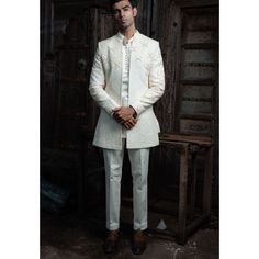 Men's Wedding Wear White Suit Set Short open front Jacket with Embroidered Kurta and Trouser Indian Wedding Occasions Men's Clothing Items - Kurta Pant and Jacket  Fabric - Orgenza, Giza Cotton Color - Off White  Sleeves - Long Sleeveless Kurta Length - 31 Jacket Length - 34 Pant Length - 40 Size - (XS), (S), (M), (L), (XL), (2XL) Size chart attached in images mentions garment measurements in inches. For any sizing queries or getting a customized fit, please message us on Etsy. WASH & CARE Gentl Embroidered Fitted Suits For Ceremonial Occasions, Traditional Tailored Suits For Eid, Traditional Tailored Sets For Festive Season, Fitted Suits With Resham Embroidery For Ceremonial Occasions, Ceremonial Fitted Suit With Resham Embroidery, Traditional Tailored Embroidered Suits, Festive Tailored Traditional Sets, Fitted Bandhgala With Gold Embroidery For Ceremony, Ceremony Fitted Bandhgala With Gold Embroidery