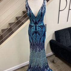 Nwt Jovani Size 4 Blue/Multi Gown. Mesh Side Panel Details Mosaic Dress, Jovani Dresses, Panel Siding, Mosaic, Prom Dresses, Size 4, Color Blue, Prom, Mesh