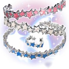 This product comes with the option to choose between a bracelet and a ring, each available in three colors: blue, pink, and white. They are adorned with enamel-decorated star arrangements. These accessories are perfect for adding a touch of whimsical charm to any outfit, and are a must-have for anyone who loves kawaii fashion.  Option 1: A ring.  Option 2: A bracelet.  The price is for a ring/bracelet only, others are not included. Trendy Silver Enamel Jewelry, Adjustable Pink Enamel Jewelry, White Star-shaped Metal Jewelry, Multicolor Star Charm Bracelet, Enamel Star Charm Jewelry, Three Colors Blue, Bracelet Ring, Star Design, Blue Star