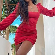 red dress puff shoulder ruched dress square neckline short dress puff shoulder tight dresses #rucheddress #ruchdress #tightdress #puffshoulder #scrunchdress