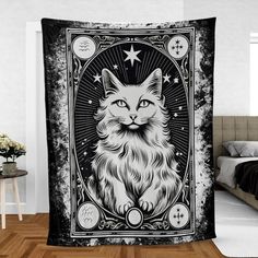 Tarot Card Occult Cat Witchy Blanket-MoonChildWorld Witchy Blanket, Gothic Blanket, Moon Blanket, Mystical Symbols, Blanket Halloween, Witchy Home Decor, Tarot Reader, Halloween Blanket, Cat Blanket