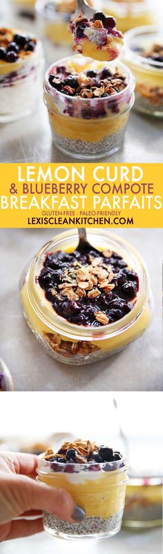 lemon curd and blueberry parfait dessert in a glass dish