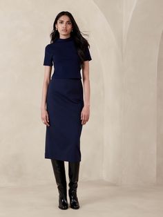 Everywhere Ponte Midi Skirt | Banana Republic Flattering Fitted Midi-length Skirt, Classic Fitted Midi Bottoms, Fitted Midi Length Workwear Bottoms, Fitted Midi Length Bottoms For Workwear, Bodycon Midi Pencil Skirt For Workwear, Fitted Classic Midi Length Bottoms, Fitted Midi Skirt In Elastane, Fitted Lined Midi Pencil Skirt, Fitted Midi Skirt For Workwear