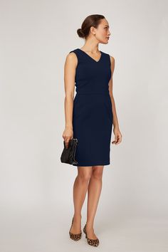 Women' Business Alyssa Dress V Back - Navy NORA GARDNER | OFFICIAL STORE for work and office Elegant V-neck Midi Dress With Flattering Cut, Chic A-line Dress For Business Casual, Classic V-neck Semi-formal Dress, Modern V-neck Dress For Work, Formal V-neck Midi Dress, Elegant Fitted V-neck Dress For Semi-formal Occasions, V-neck Midi Dress With Fitted Bodice, Elegant Fitted V-neck Semi-formal Dress, Dressy V-neck Midi Dress For Office