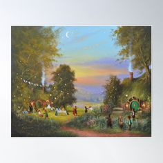 a painting of people in the park at night poster