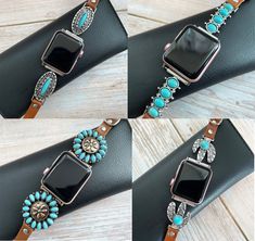 "Apple Watch Band, Apple Watch Turquoise 38mm 40mm 41mm 42mm 44mm 45mm Leather Strap  Apple Watch Cactus Watch Band for Women Adjustable iwatch Leather Strap for iwatch  Series 7 6 5 4 3 2 1  This resin band is compatible with Apple Watch all Series 7 6 5 4 3 2 1 These bands were all made of high quality leather, it is durable and soft The band is very pretty withmetall décor on the band It's compatible with Apple Watch all series, fits 45mm 44mm 42mm 41mm 40mm 38mm The band with folding clasp a Turquoise Apple Watch Band, Turquoise Watch Band, Cute Apple Watch Bands, Fitbit Versa 4, Apple Watch Bands Fashion, Floral Watches, Cowgirl Style Outfits, 5 To 7, Brown Leather Strap