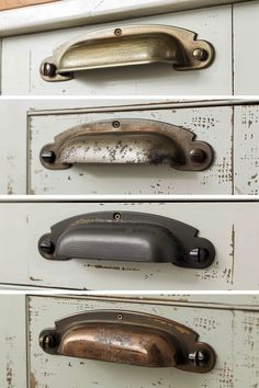 an old drawer with metal handles and knobs on the top, bottom and bottom