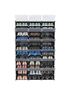 the shoe rack is filled with many pairs of shoes on it's sides and bottom shelves