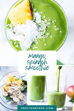 green smoothie with mango, spinach and strawberries in the bottom left side