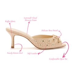 With a retro look and feel, the precious Jasmine Mule is one of Spring's most versatile new styles, featuring a soft leather lining, chic kitten heel, and an elegant peep toe silhouette, tied off with a charming bow. Beige Raffia fabric + Kid skin leather Open round toe 2.5 inch stiletto heel Finely crafted leather sole for support, durability, and comfort Insole with memory foam cushion and hot stamp logo Handmade in Brazil Logo Handmade, Hot Stamp, Stamp Logo, Green Choices, Kitten Heel, Retro Look, Elevate Your Look, Stiletto Heel, Leather Working