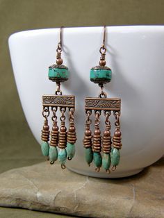 Vintage Ideas, Earrings Inspiration, Earring Ideas, Jewelry To Make, Copper Earrings, Turquoise Earrings, Jewelry Creation, Copper Jewelry