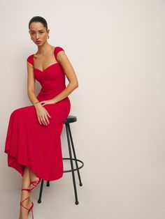 Wear the dress. The Petite Bryson is a midi dress with short cap sleeves, a sweetheart neckline, and back smocking. The dress is fitted in the bodice with a relaxed-fitting skirt, so you get structure and comfort all in one. Red Dress Classy Elegant Midi, Elegant Dinners, Wedding Guest Attire, Guest Attire, Wedding Attire Guest, Cocktail Parties, Wedding Guest Dresses, Guest Outfit, Linen Clothes