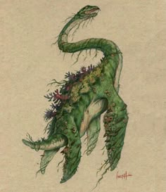 a drawing of a green dragon with flowers on it's back