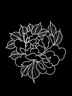 a black and white drawing of flowers on a black background