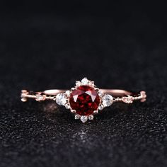 Round Cut Natural Garnet Rose Gold Plated On Silver Victorian Engagement Ring Garnet Gold Ring, Red Diamond Ring, Tsavorite Garnet Ring, Garnet Ring Vintage, Garnet Ring Silver