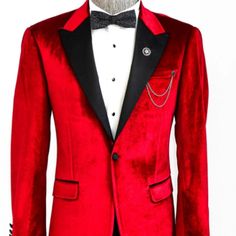 Red Velvet Jacket With Black Lapel. Single Button, Peak Lapel, Double Vent, Slim Fit. Coat Only. Designer Single Button Party Blazer, Elegant Fitted Red Blazer, Red Single Button Formal Blazer, Luxury Red Blazer With Lapel Collar, Formal Red Tuxedo Style Blazer, Red Outerwear With Suit Collar For Party, Red Tuxedo Blazer For Winter, Red Tuxedo Blazer For Party, Elegant Red Suit With Single Button